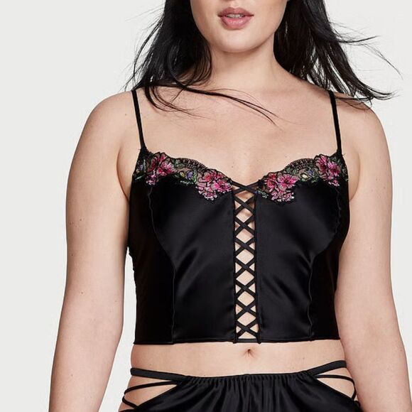 Victoria's Secret Other - Victoria’s Secret Black Lace-Up Satin Cami with Floral Lace Embroidery Size XL